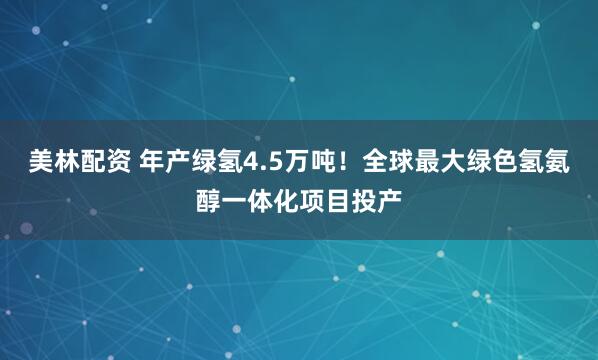 美林配资 年产绿氢4.5万吨！全球最大绿色氢氨醇一体化项目投产